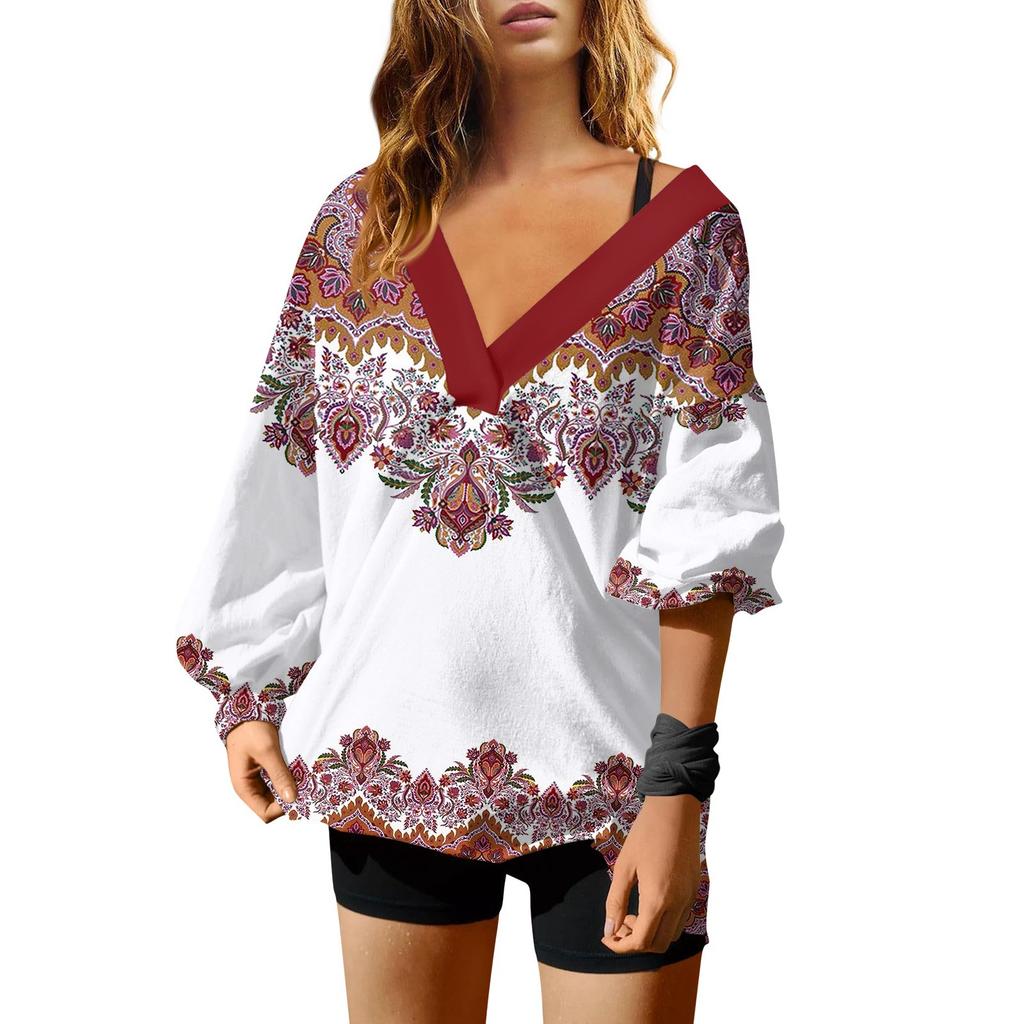 Женская мода V-образный вырез длинный рукав принтованный свободный пуловер свитшот топ