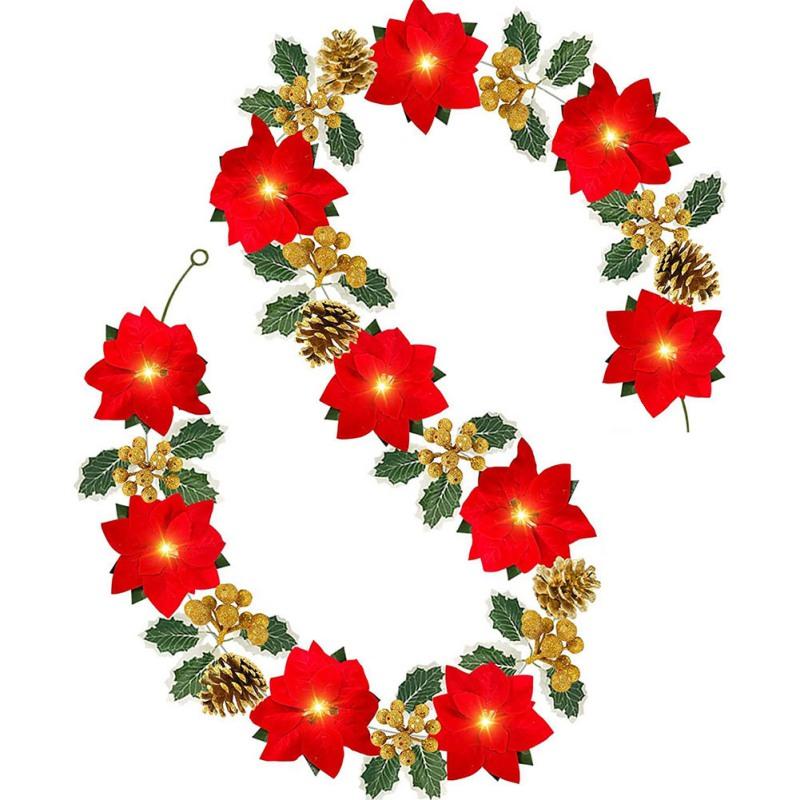 2m 10LED Christmas Poinsettia Flowers Decorations Garland String Lights with Red Berries Leaves Xmas Tree Ornaments