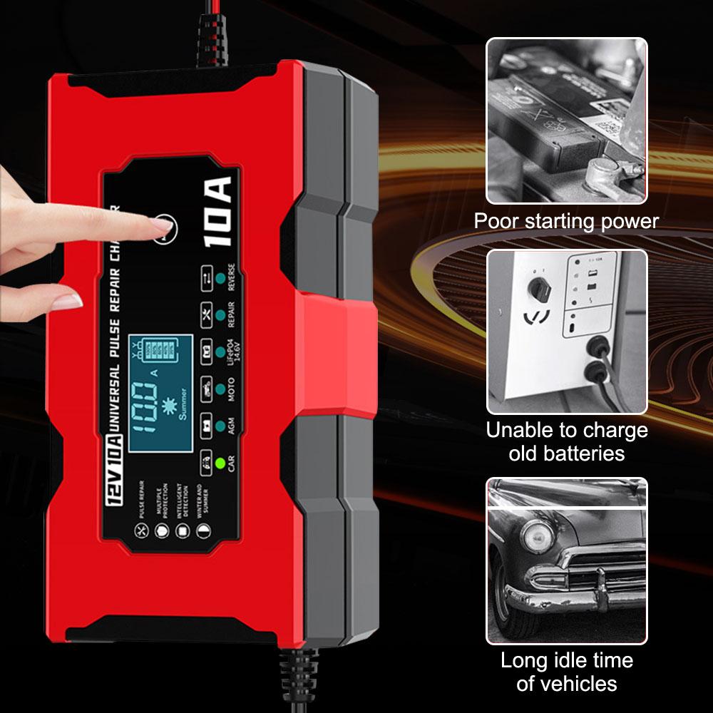 10A 12V Car Battery Chargers Intelligent Pulse Repair For Iron Lithium AGM Lead Acid Batteries Household Storage Cell Chargers