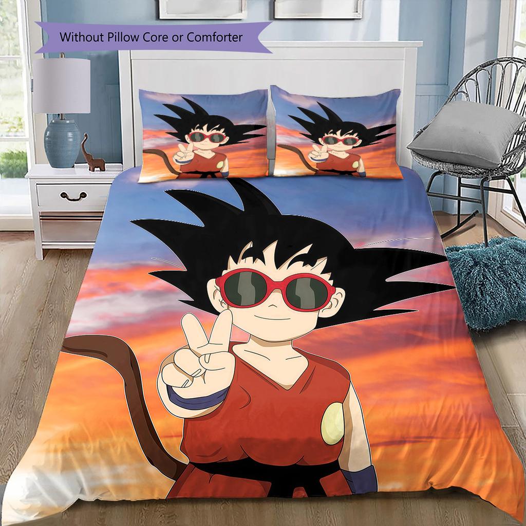 Cute Cartoon Son Goku Pattern Bedding Quilt Set Quilt Cover Pillowcase Home Birthday Gift(1 * duvet cover + 2 * pillowcase, without core)