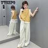 Летний стильный и модный детский летний наряд для девочек, тонкие широкие брюки, комплект из двух предметов