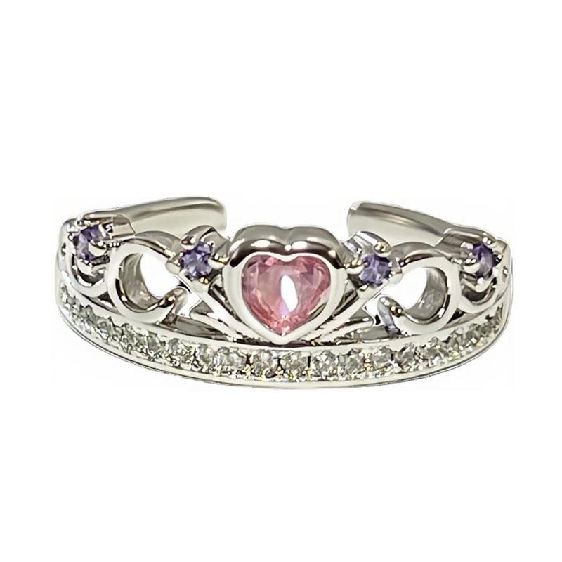 Dream powder crystal crown design sense princess style exquisite open ring female sweet cool light luxury high temperament ring tide