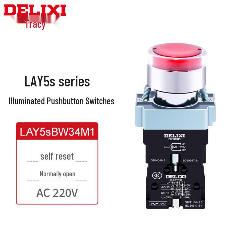 Delixi LAY5s-BW3 Metal Self-Resetting Illuminated Flat Button Switch