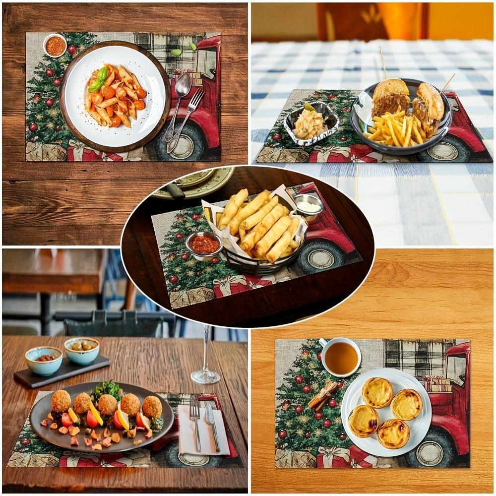 4pcs, Christmas Placemats, Xmas Tree Buffalo Plaid Truck Gift Merry Christmas Table Mats Kitchen Mat for Dining Table, Xmas Decor, Christmas Decor, 12