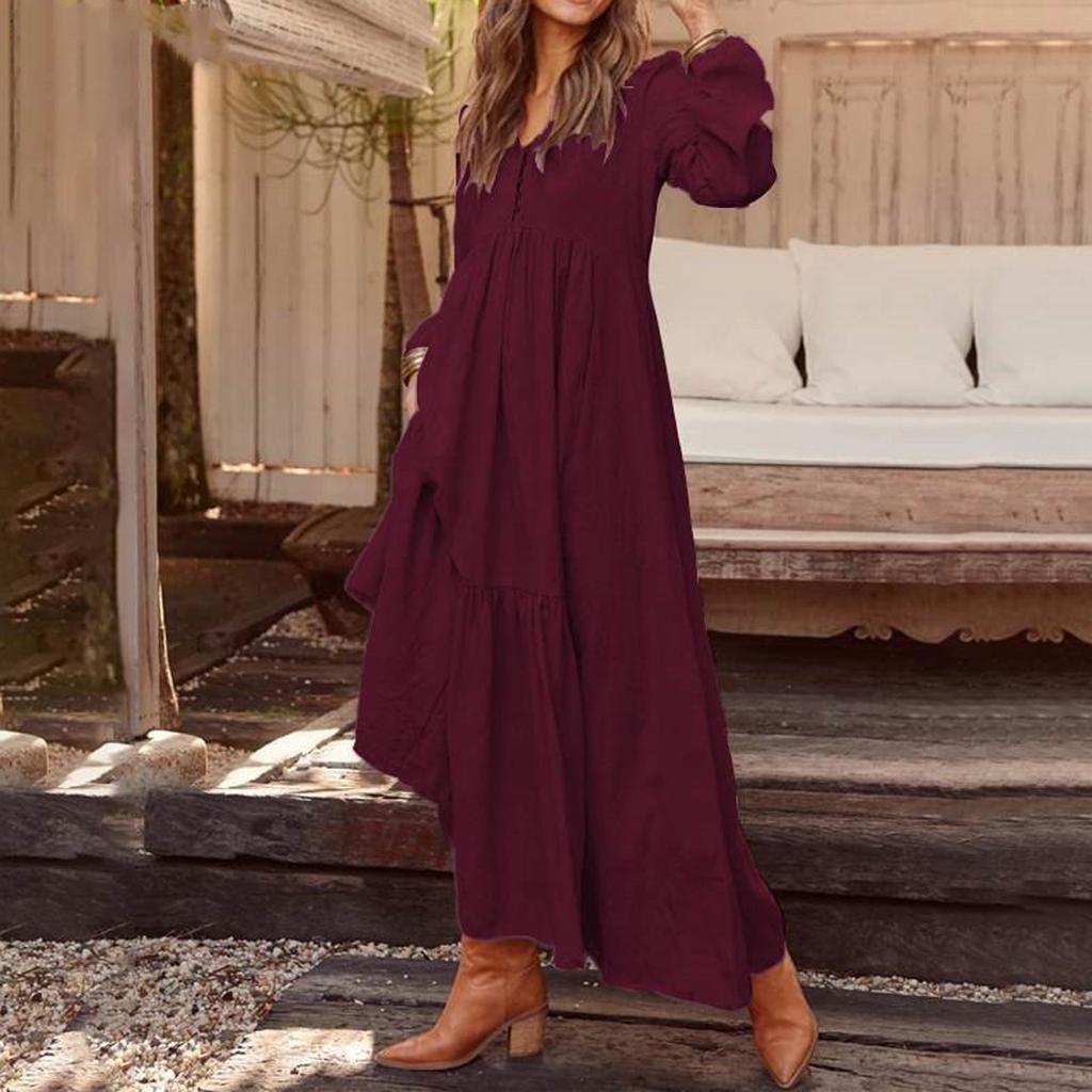 Женское повседневное платье макси с длинными рукавами, свободное многослойное платье с V-образным вырезом на пуговицах и высокой талией