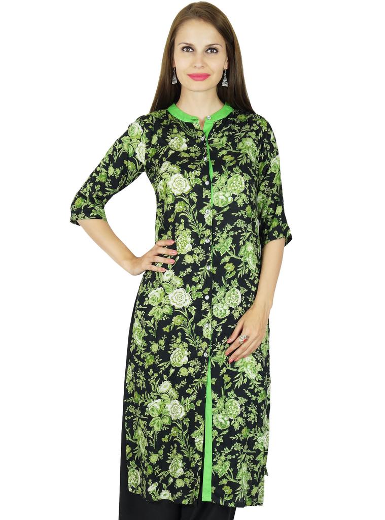 Bimba Women Floral Rayon Kurta Kurti 3 4 Sleeve Formal Casual Indian Tunic