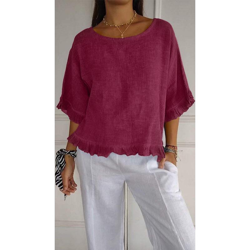 Summer Casual T-Shirt Round Neck Short Sleeved Cotton Linen Blouse Casual Solid Color Loose Pullover Clothes Fit Shirt for Women
