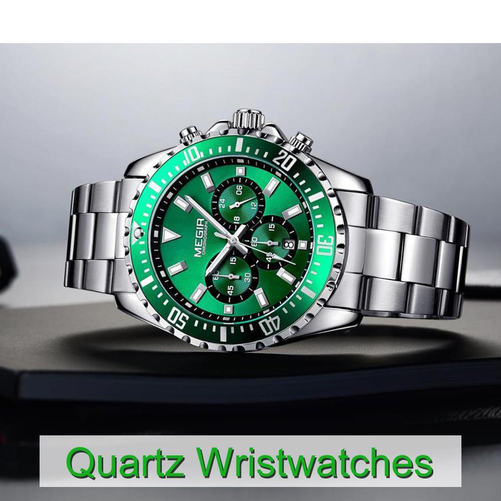 Мужские кварцевые часы с хронографом из нержавеющей стали, водонепроницаемые, светящиеся аналоговые 24-часовые наручные часы для мужчин, зеленый циферблат