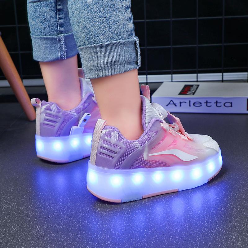 Четырехколесные новые сетчатые светодиодные прогулочные туфли с вращающейся кнопкой детские роликовые коньки обувь для девочек прогулочные туфли для мальчиков