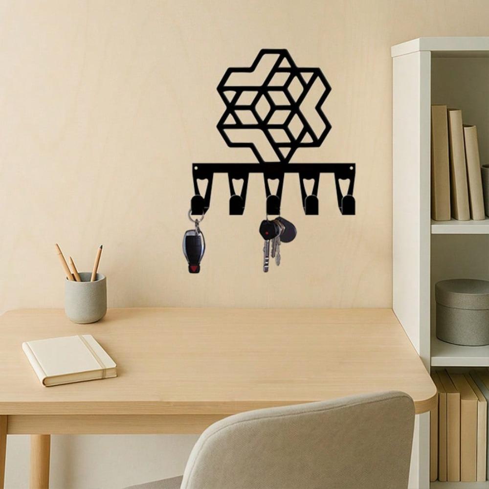 Modern Hexagon Wall Mounted Key Holder with 5 Hooks, Forged Iron Craft Geometric Entryway Decor