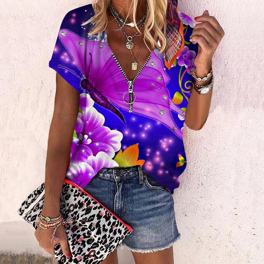 Женский топ, летний новый модный топ с великолепными цветами и принтом, повседневный топ на молнии с v-образным вырезом и короткими рукавами