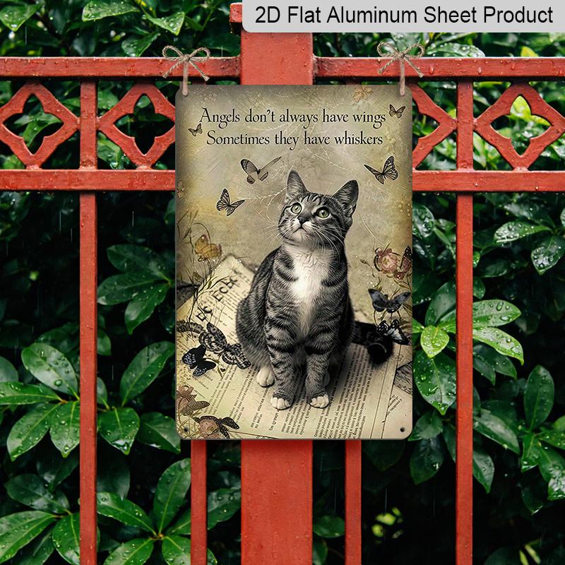 2D Flat, Vintage Cat Art Aluminum Sign - "Angels Don't Always Have Wings, Sometimes They Have Whiskers" - Whimsical Wall Decor with Cats, Butterflies