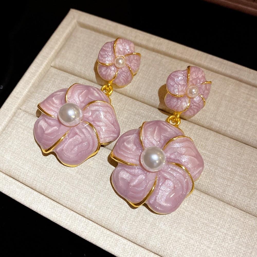 Purple Floral Dangle Earrings Pearl Ear Jewelry Elegant Camellia Flower Earrings Female