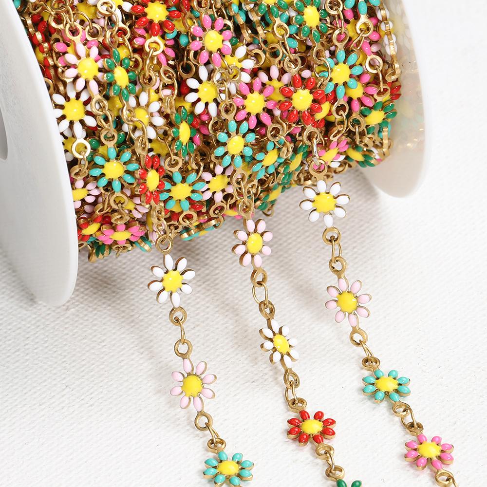 1Meter Stainless Steel Chain Colorful Enamel Daisy Flower Beaded Charm Paper Clip Chain for DIY Jewelry Making Necklace Bracelet