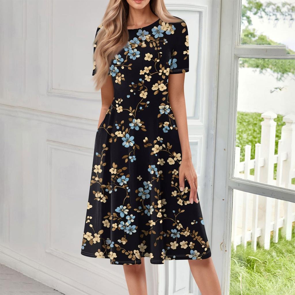 Women's Loose Casual And Fashionable Round Neck Short Sleeved Printed Mid Length Dress