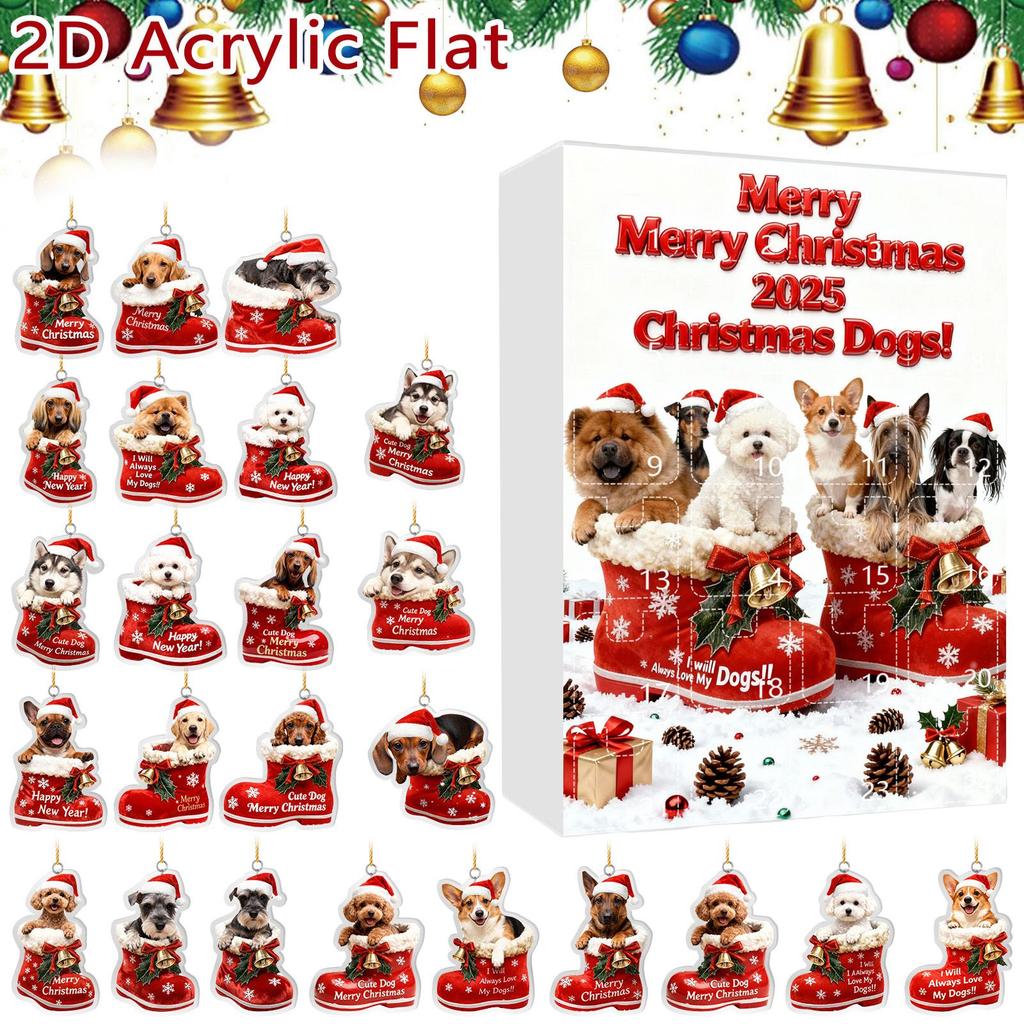Рождественский адвент-календарь для собак 24 рождественских украшения на собачью тематику Праздничный календарь обратного отсчета Собаки в красных ботинках Идеально для любителей домашних животных, владельцев домашних животных