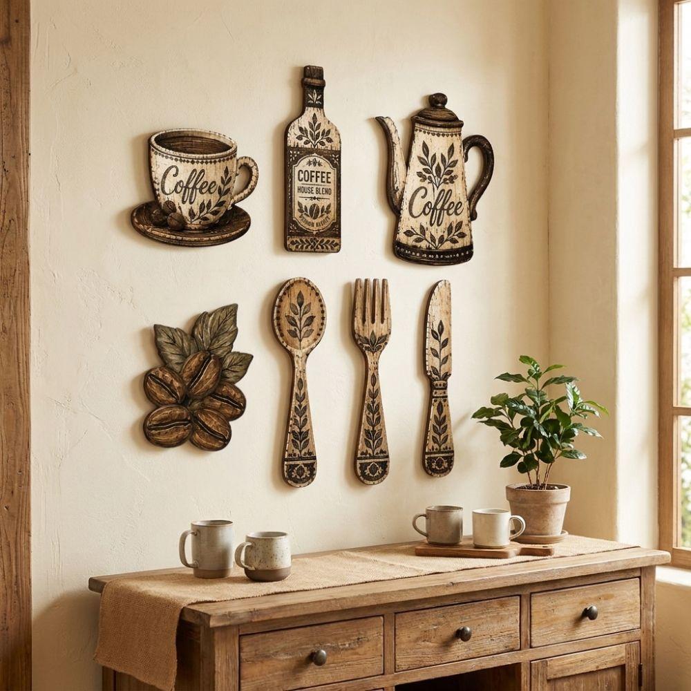 7Pcs Vintage Floral Coffee Element Wall Plaques Coffee Themed Dining Room Wall Decor Set Cafe