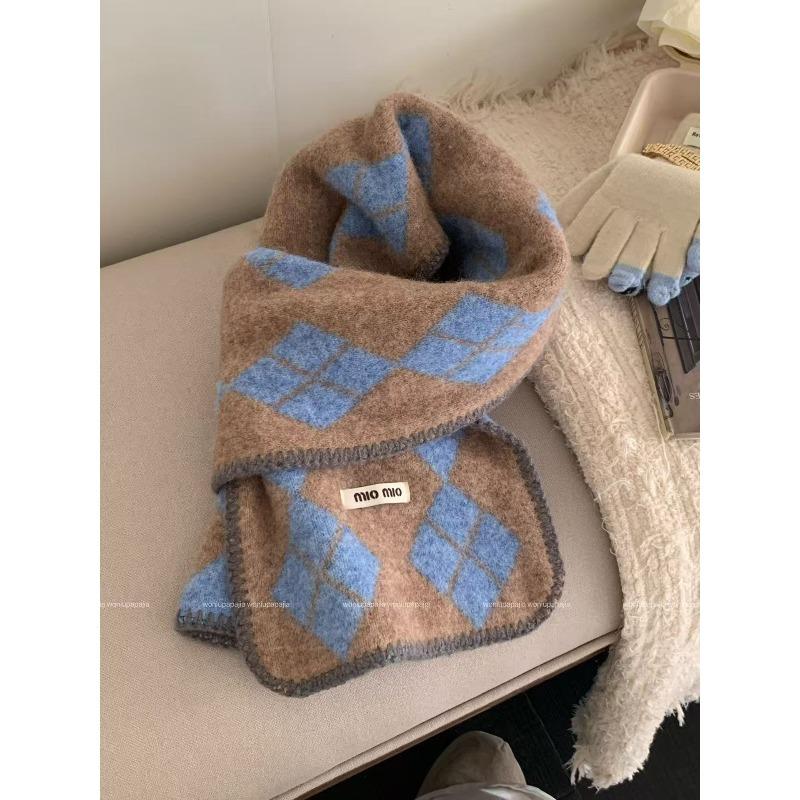 College Style Rhombus Polka Dot Scarf with Wool Scarf Imitation Cashmere Edge Contrasting Autumn and Winter Warm Shawl for Women