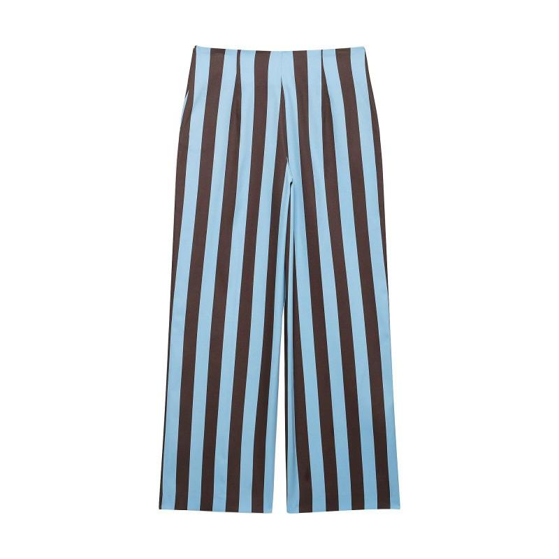 Womens Striped Knotted Crop Top Straight Leg Pants Set Casual Outfit Retro Chic Two Piece Ensemble
