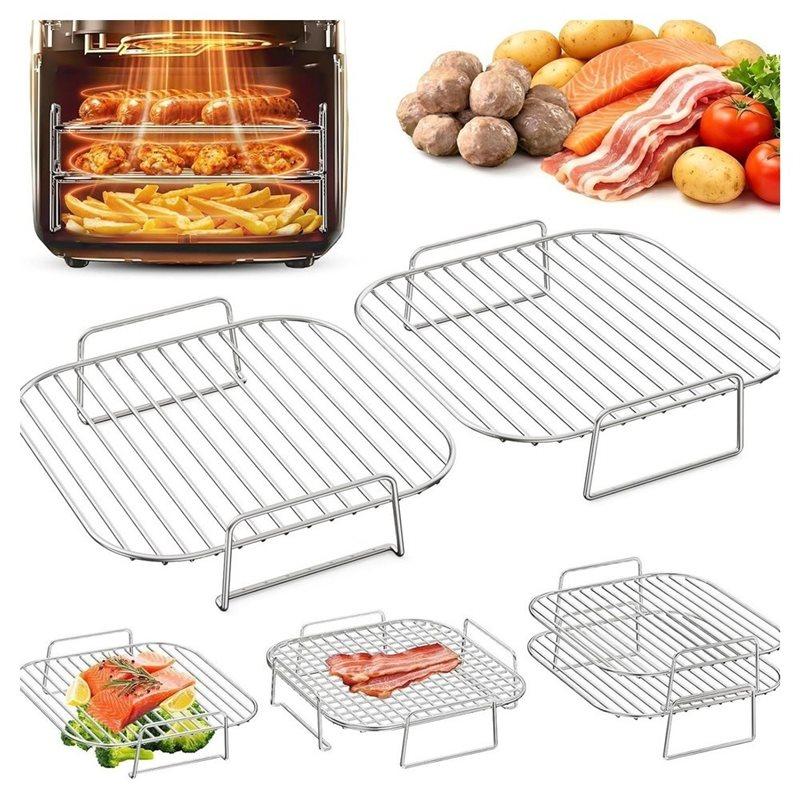 J1UL1N Accessories For Air Fryer- Stainless Steel Grilled Rack Square 8" 2Pcs Stackable Baskets Works For Ninja/Cosori/Chefman