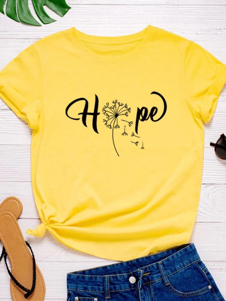 Dandelion Hope Letter Print Женская футболка с коротким рукавом и круглым вырезом Свободная женская футболка Женская футболка Топы Одежда Camisetas Mujer