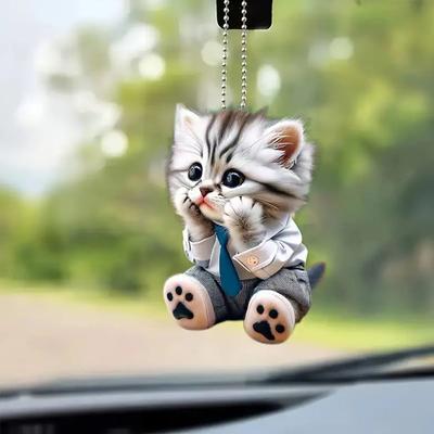 Автомобильный кулон, подвесное украшение с цепочкой, реалистичное животное в форме кошки, 2D-подвеска, зеркало заднего вида, подвесной декор, автомобильные аксессуары