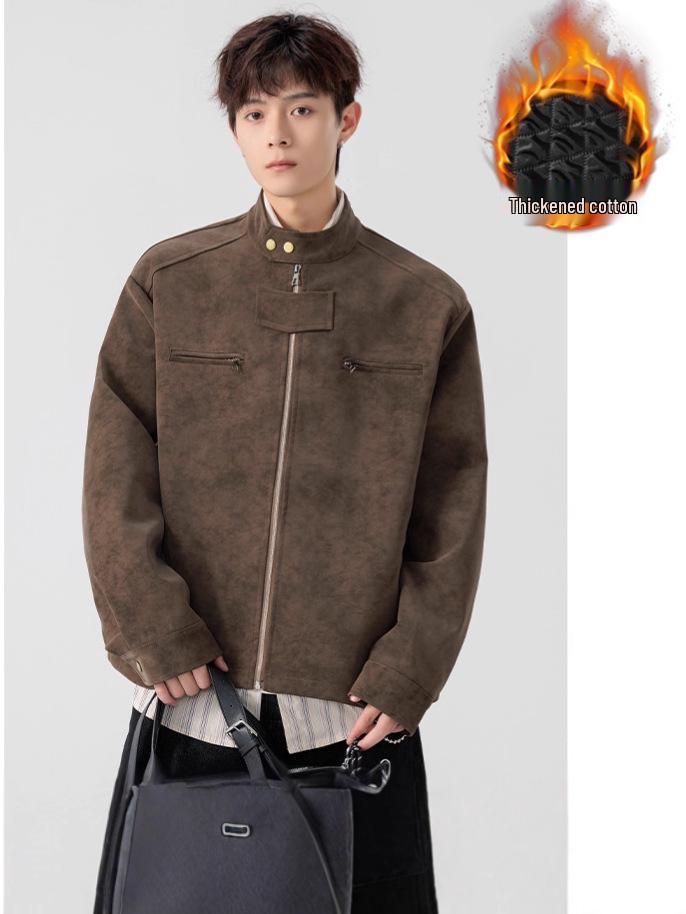 Мужская ретро американская куртка из искусственной кожи тай-дай - Теплая, модная, со стойкой воротником для осени