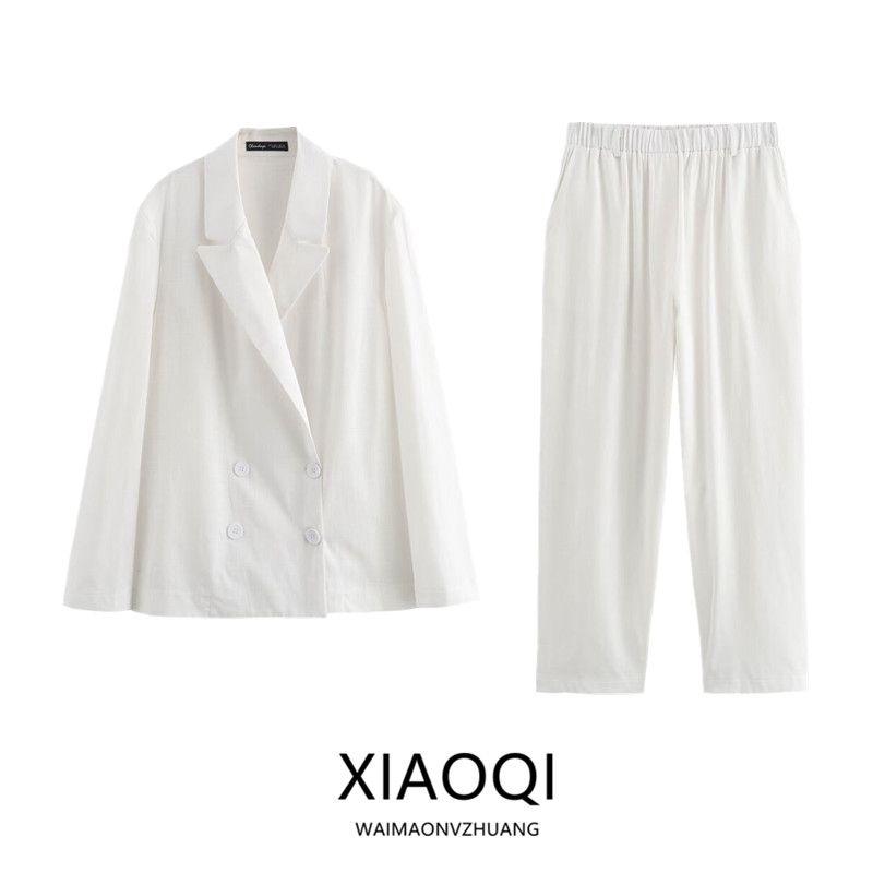 Fashion Style 2024 Summer New Arrival Women's Linen Ruched Suit Outwear Mid-Rise Straight-Leg Pants 3303287