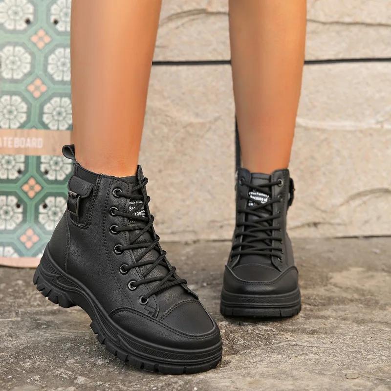 2024 Универсальные женские ботильоны из кожи на толстой подошве со шнуровкой Короткие ботинки Женская осенне-зимняя обувь на толстой подошве из резины