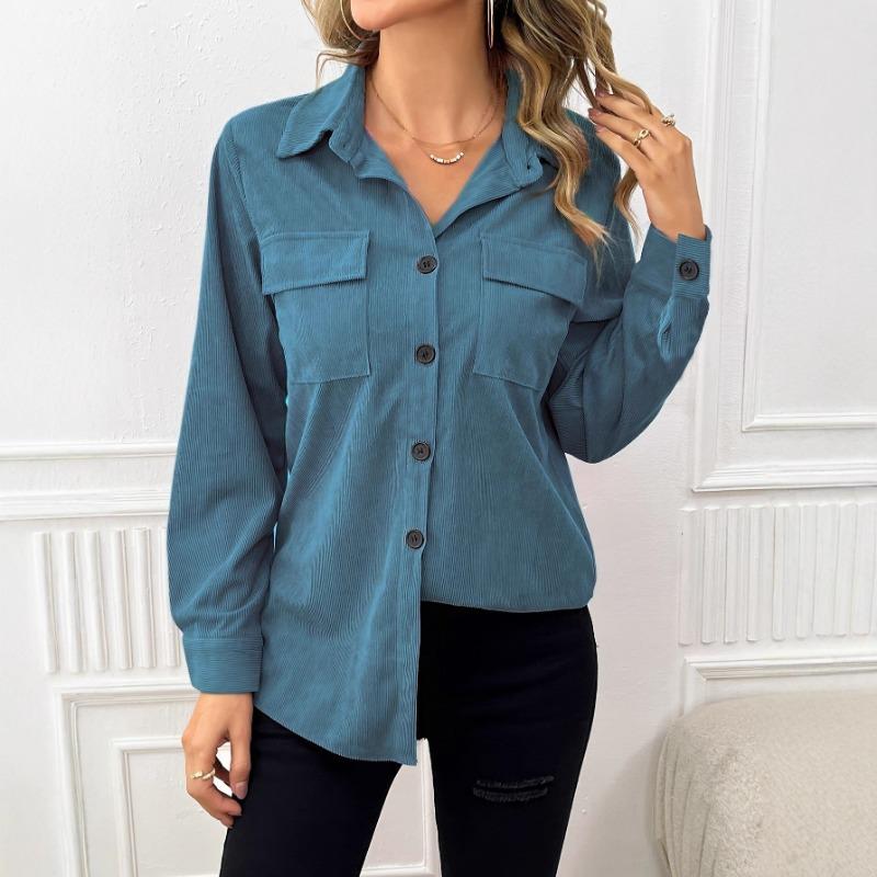 Women S Vintage Corduroy Turn Down Collar Long Sleeve Shirt Jacket With Pockets