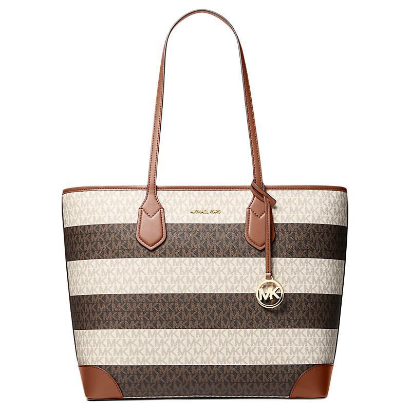 MICHAEL KORS Eva brand logo print gold hardware tote bag coated canvas shoulder bag large size women's brown and white