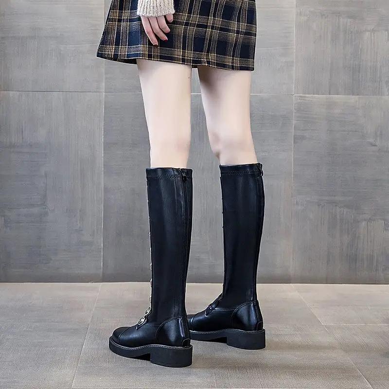 Модные туфли на среднем каблуке для женщин с эластичным круглым носком, женские сапоги, обувь, длинные, новые зимние сапоги до колена, новинка 2024 года, качество