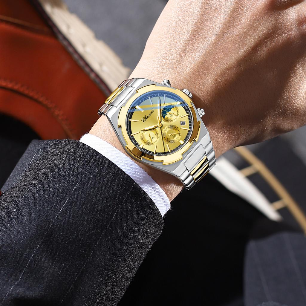 Темперамент Мужские Роскошные Модные Дизайнерские Золотые Мужские Часы Многофункциональные Светящиеся Кварцевые Мужские Наручные Часы Relogio Masculino