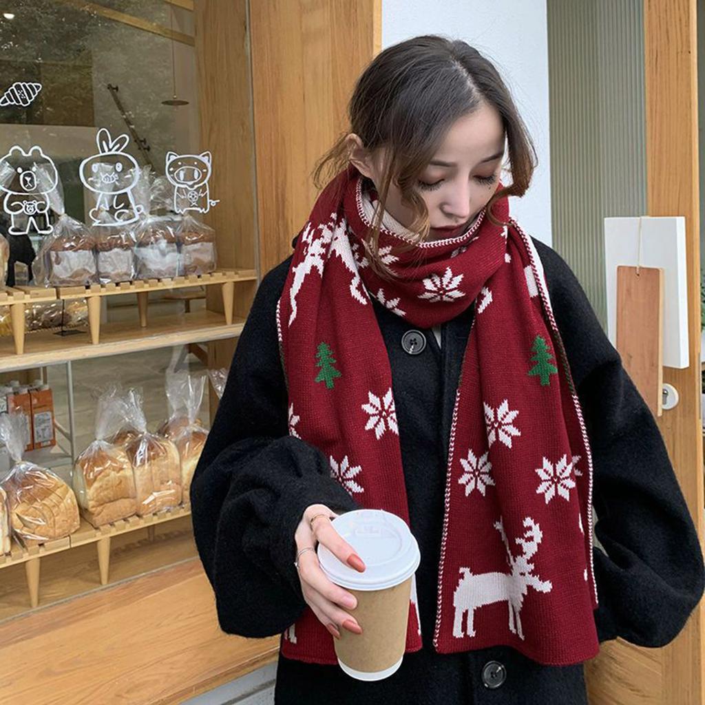 Christmas Red Knitted Cotton Shawls Scarf Woman Winter Warmer Scarves Deer Elk Printed Wrap Female Muffler Gift Scarf  Shawls