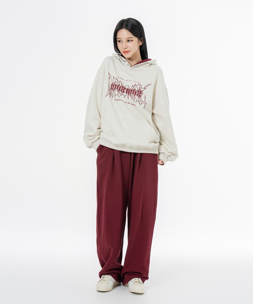 MOZMOZ Soft Terry Single-Pleat Wide String Training Pants Burgundy