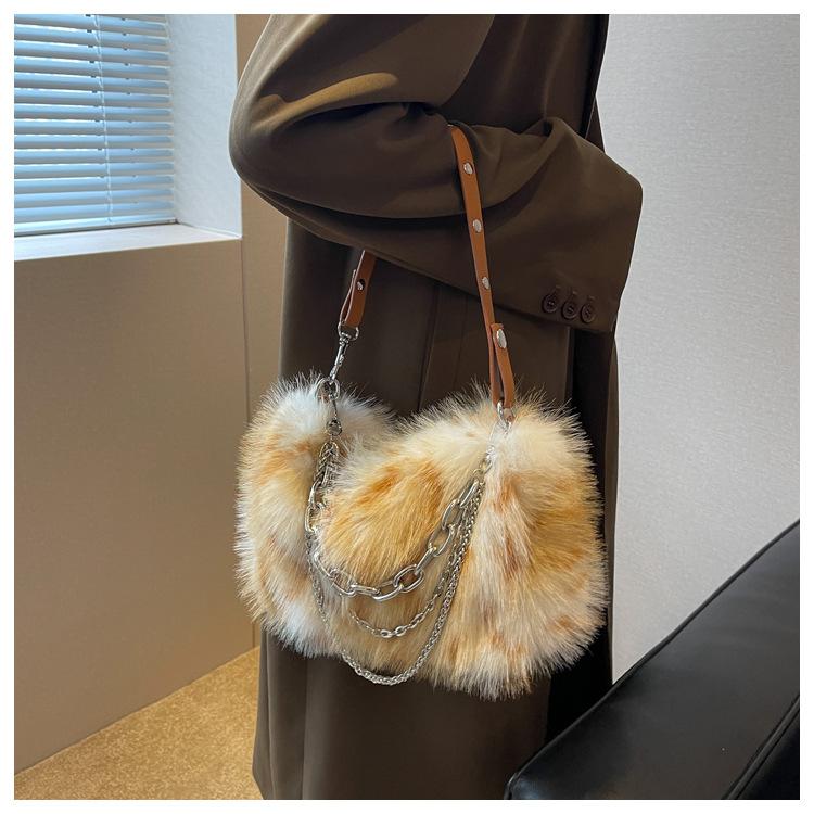 JIAERDI Vintage Y2K Handbag Women Autumn New Hot Girls Chain Plush Soft Shoulder Bag Ladies Harajuku Grey Underarm Bag Aesthetic