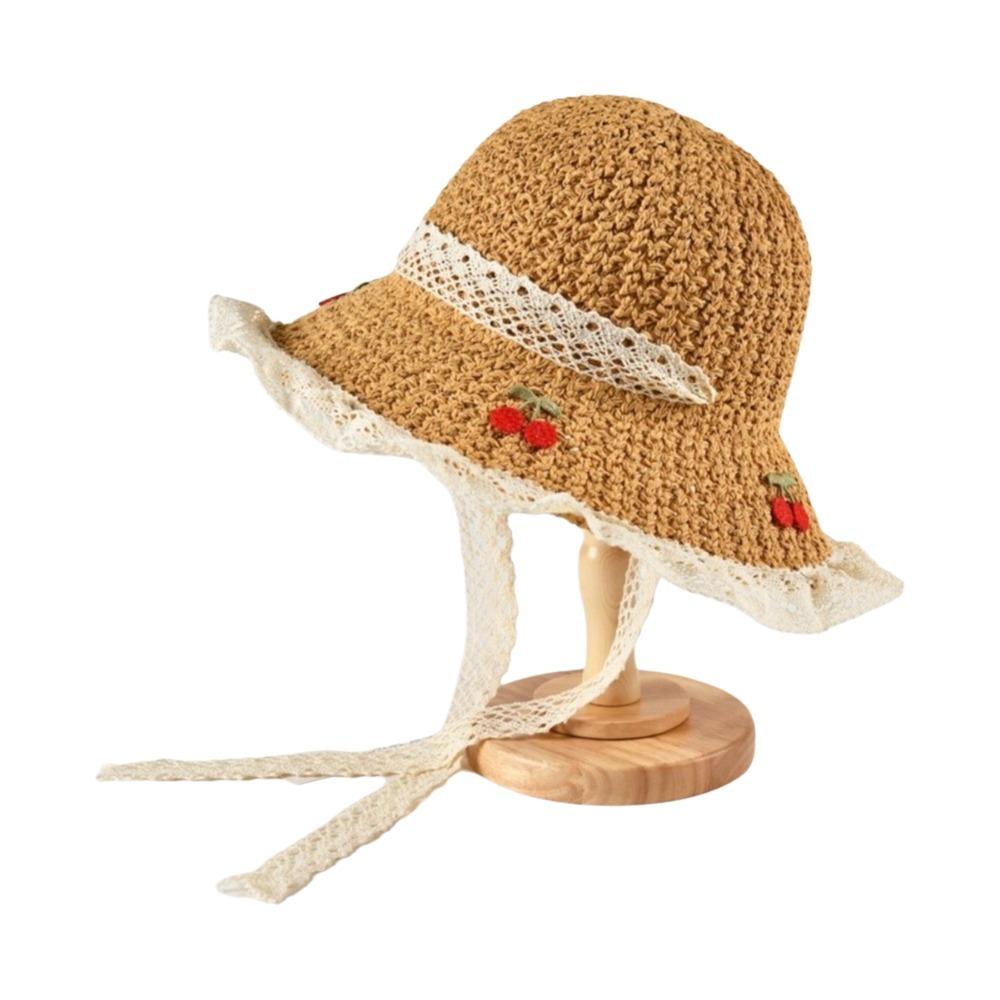 Cherry Embroidered Straw Fisherman Hat Lace Woven Bucket Hat Unique Women Sun Hat Ladies