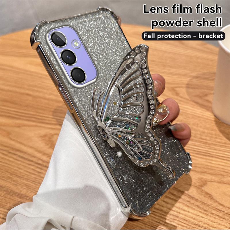 Блестящий чехол-подставка «Бабочка» для телефона Samsung S25 S24 23 S22 S21 Ultra Plus S25 S23 FE A17 A07 A06 A56 A36 A16 A55 A35 A25 A15 A54 A53 A14 A13