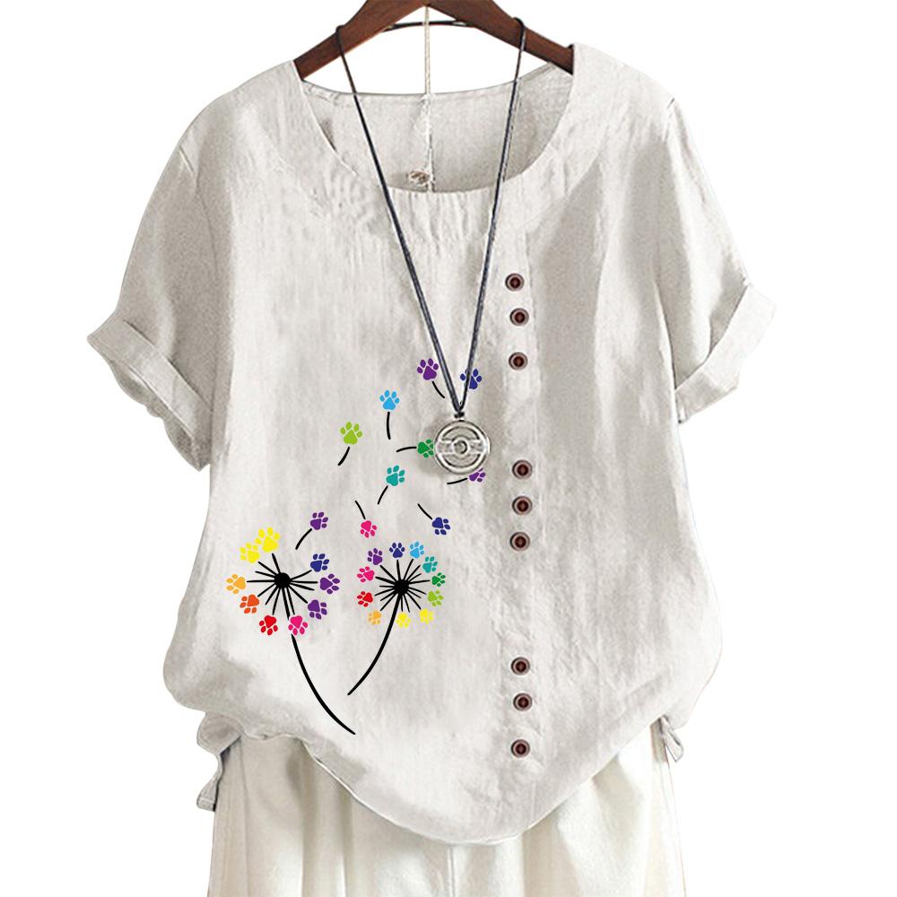 Women's Cotton Casual Top with 6 Butterfly Plant Print Patterns, Round Neck, Short Sleeves