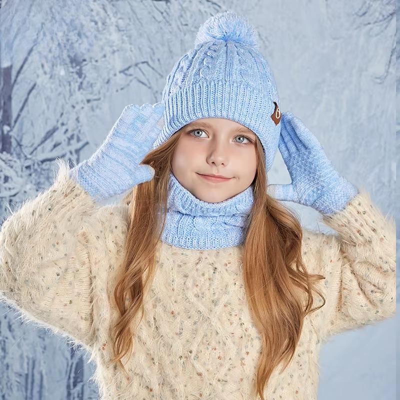3pcs/set Winter Kids Beanie Hat Scarf Gloves Plush Warm Children Knitted Hats Set Neck Warmer Outdoor Child Ski Cap