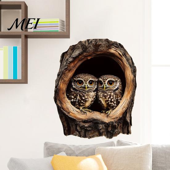 3D Owl Wall Decals Tree Hollow Sticker, Realistic Forest Animal Decal, Waterproof PVC Outdoor Weatherproof Murals Art Decor, Peel And Stick for Living