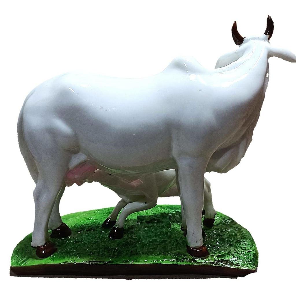 Handicraft Decorative Polystone Cow and Calf Big Statue/Idol for Gift Home Decor 7 Inch (Marble Cow), White