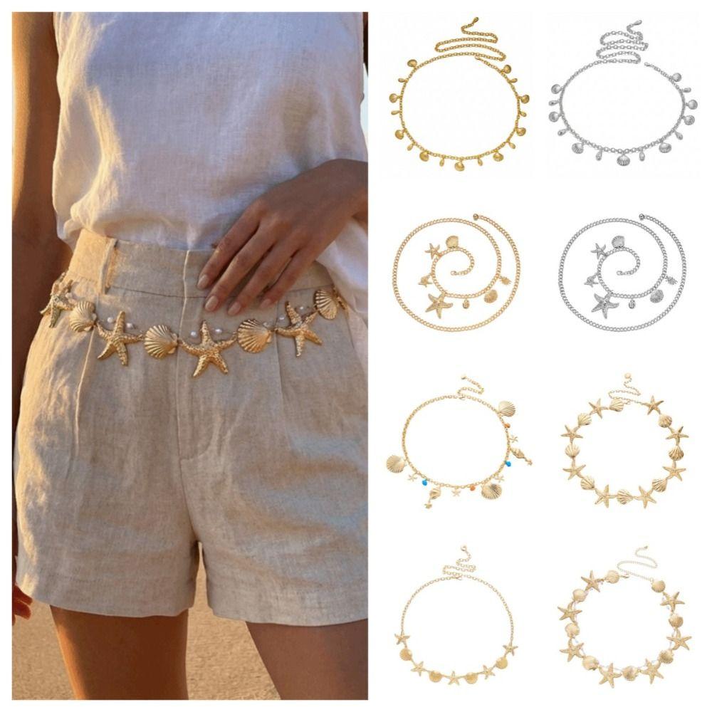 Gold Imitation Pearl Body Chain Multi-pendant Beads Belly Chain Retro Starfish Waist Chain Bikini