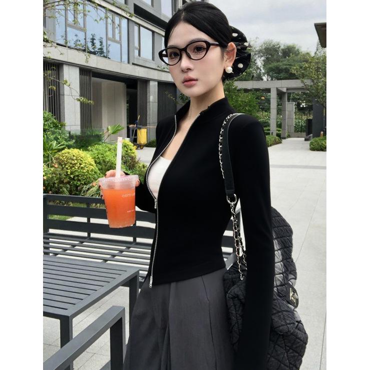 Women's Slim Fit Double Zipper Hoodie Jacket - Autumn 2025, Anti-Pilling, Stand Collar, Cropped Cardigan