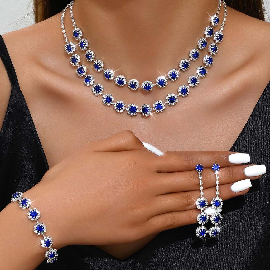 Women Inlaid Rhinestone Chain Necklace Earrings Bracelet Wedding Party Festival Gift