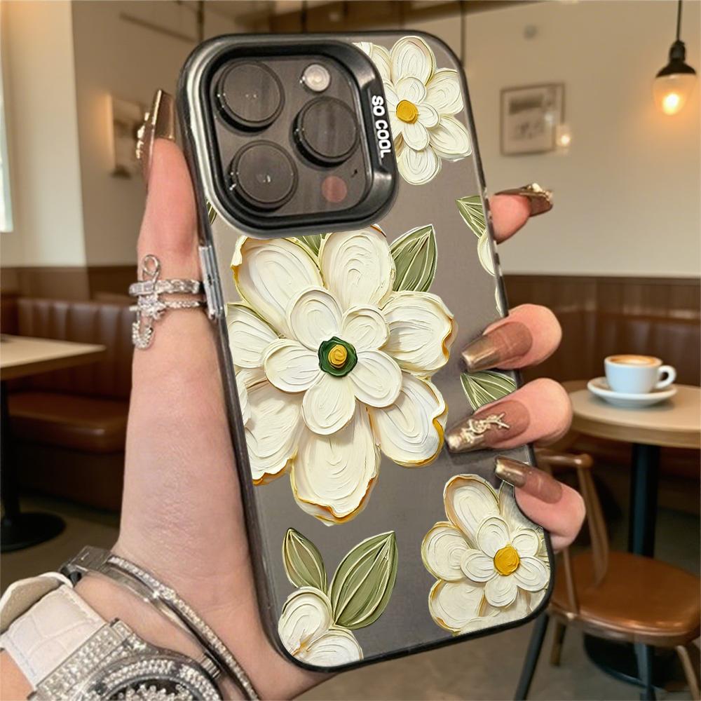 Текстурированный чехол с белыми цветами для iPhone 16 15 14 13 12 11 Pro Max/Mini, противоударный, с защитой от царапин, премиальная жесткая крышка