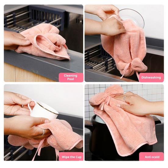 Hand Towel Coral Fleece Solid Color Design Bow Decoration Quick Dry Absorbent