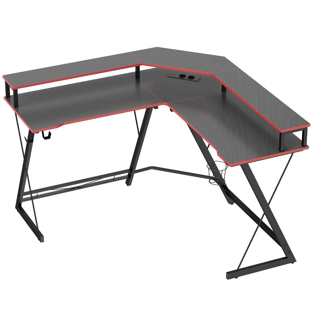 L-Shaped Computer Desk with Power Outlets, 128 cm Corner Desk with Monitor Stand, Headphone Hook & Cup Holder