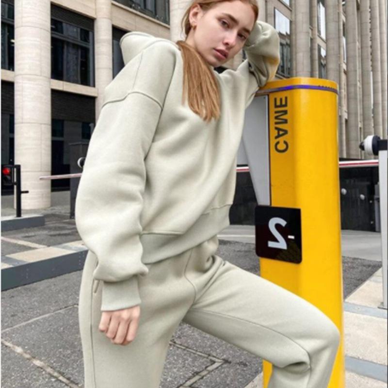 Флисовые спортивные костюмы с капюшоном, женские теплые топы с капюшоном и длинными рукавами, брюки с эластичной резинкой на талии, женские комплекты из двух предметов, женские наряды