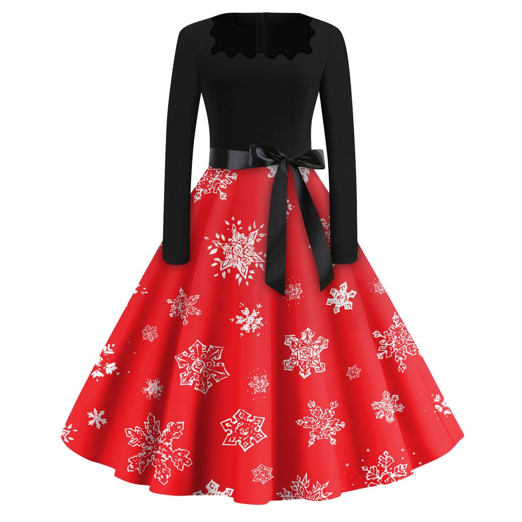 Women's Fashion Square Neck Casual Slim Christmas Printed Long Sleeve Dresses